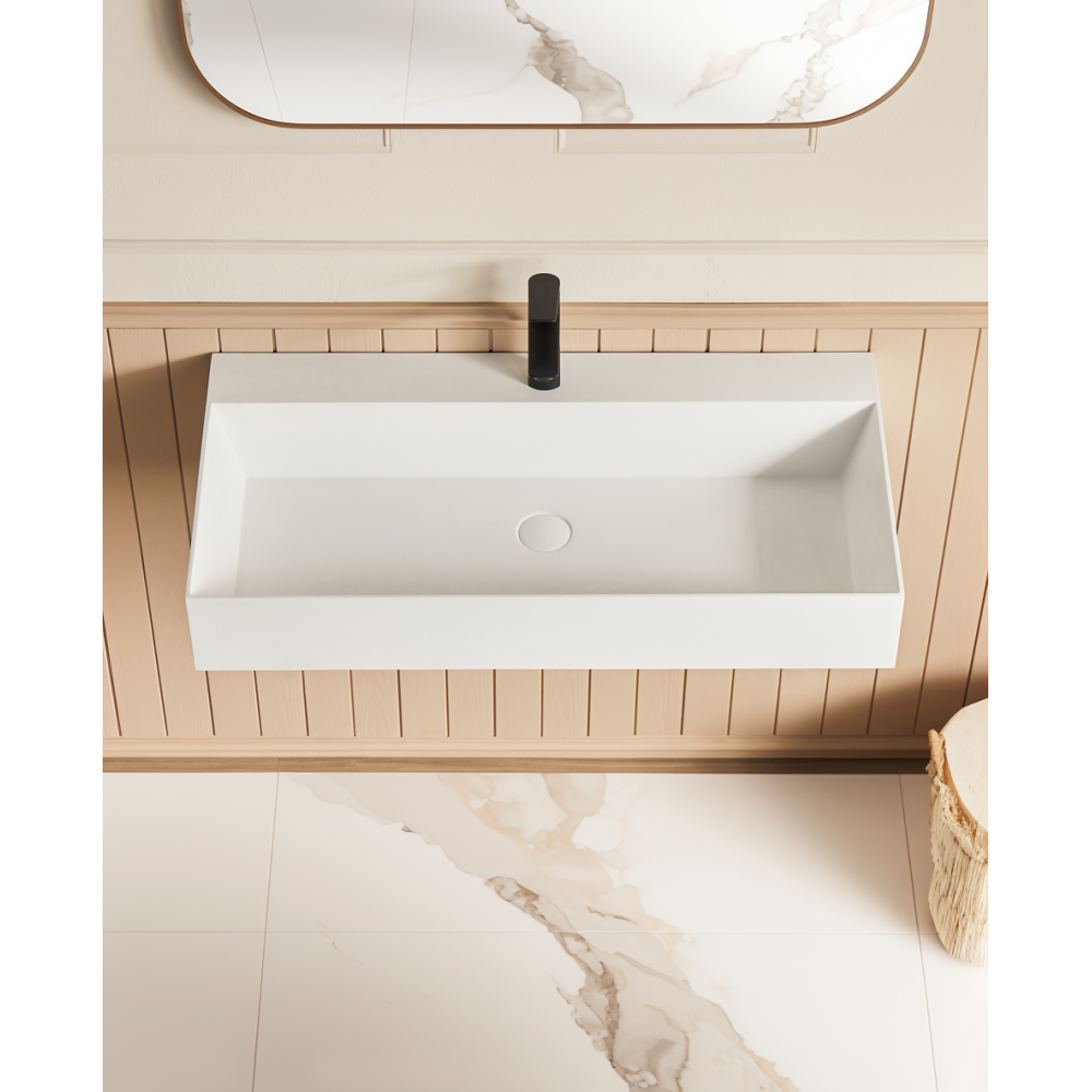 36" x 18" Solid Surface Wall Mount Rectangle Matte White Vessel Sink with Faucet Hole