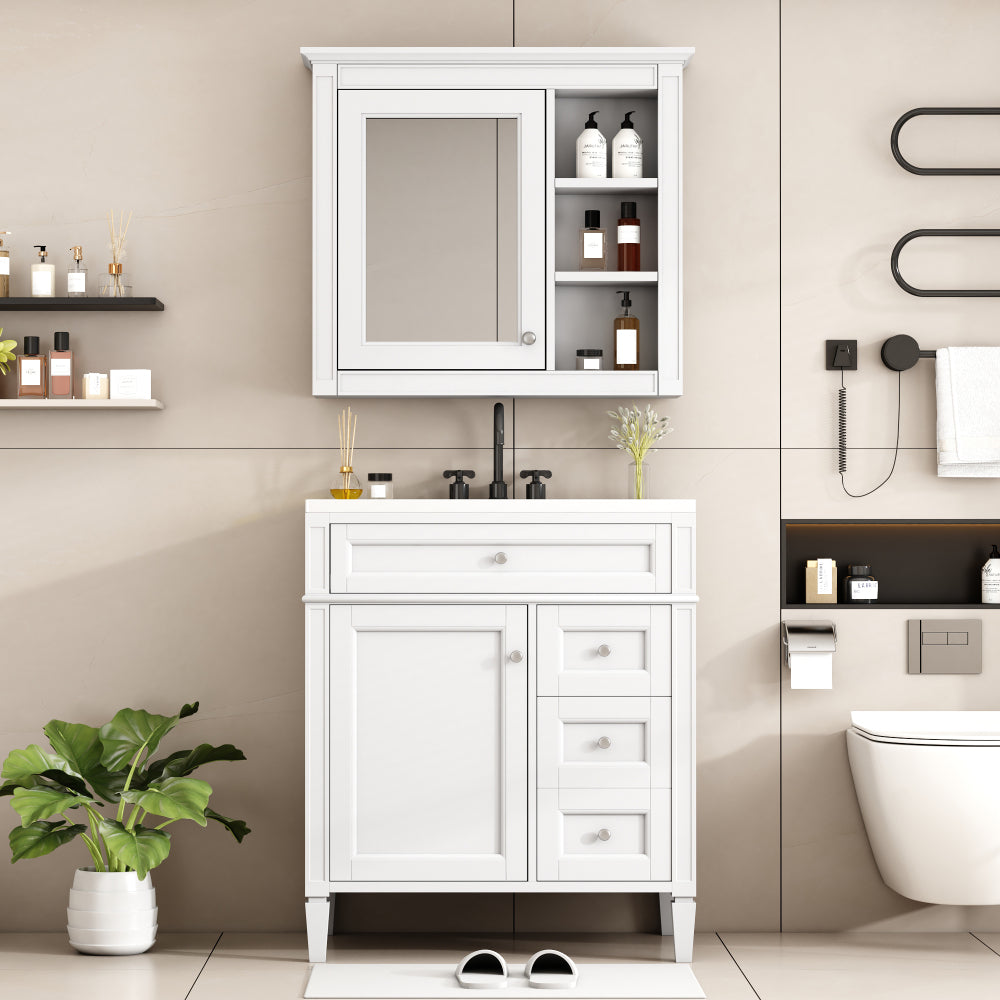 30'' Bathroom Vanity with Top Sink, Modern Bathroom Storage Cabinet with 2 Drawers and a Tip-out Drawer, Freestanding Vanity Set with Mirror Cabinet, Single Sink Bathroom Vanity (Same as SW000126AAF)
