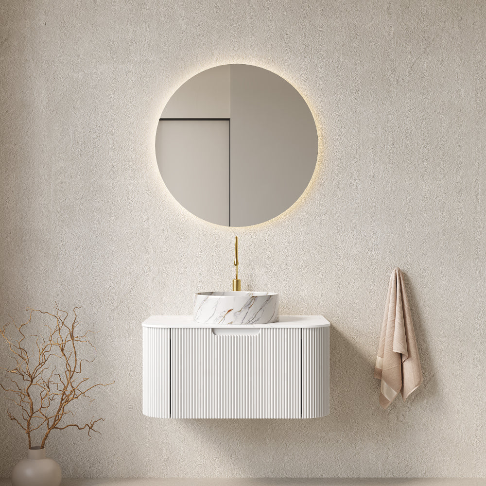 DINA 24" Bathroom Vanity with Sink, Wall-Mounted Floating Curved Edges Striped Bathroom Storage Cabinet with Drawer, White Round Ceramic Basin with Stone Pattern, Pre-assembled, Light Green Color