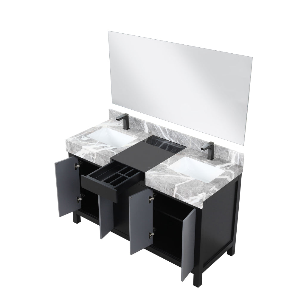 Black and Grey Double Bath Vanity 55 in. W x 22 in. D, Castle Grey Marble Top, Gun Metal Faucet Set and 53 in. Mirror