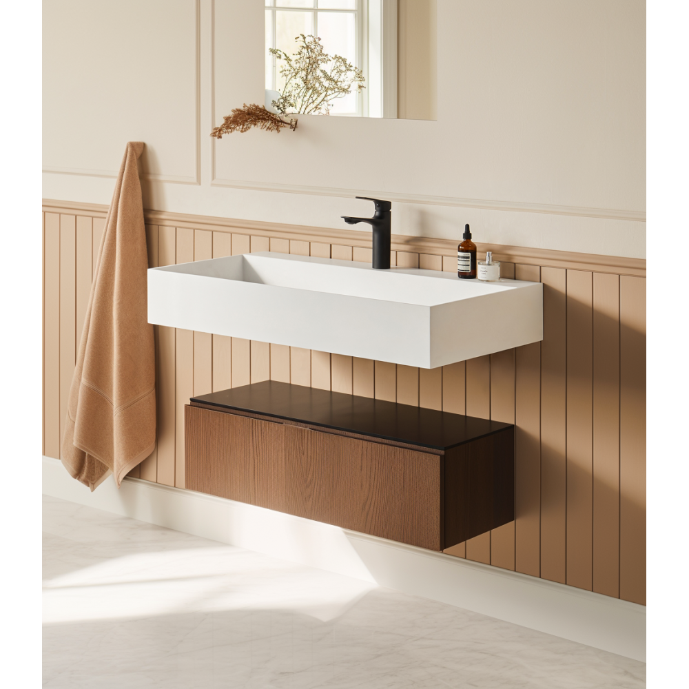 36" x 18" Solid Surface Wall Mount Rectangle Matte White Vessel Sink with Faucet Hole