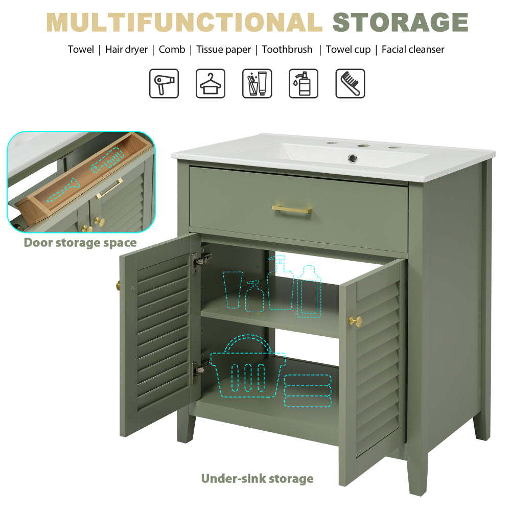30" Bathroom Vanity with Ceramic Sink Combination, Ample Storage - Features 1 Pullout and Multifunctional Shelf Dividers