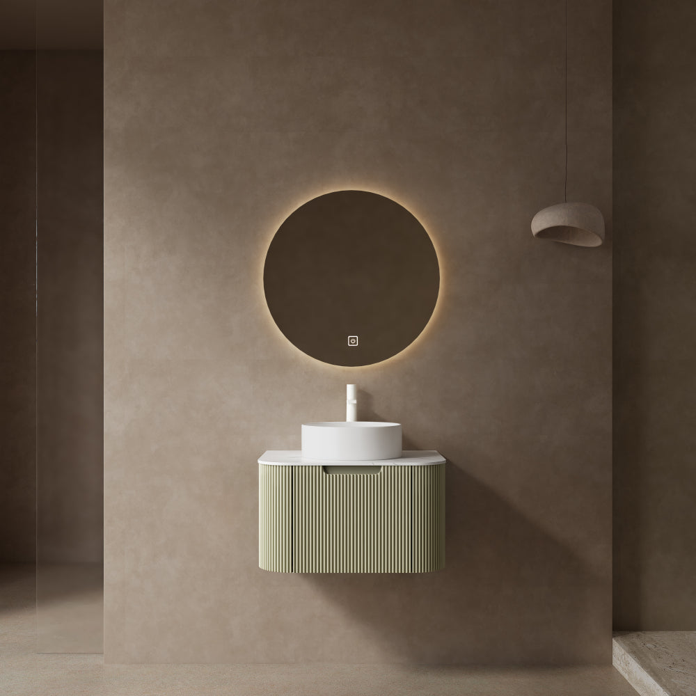 DINA 24" Bathroom Vanity with Sink, Wall-Mounted Floating Curved Edges Striped Bathroom Storage Cabinet with Drawer, White Round Ceramic Basin with Stone Pattern, Pre-assembled, Light Green Color