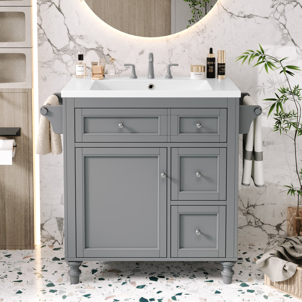 30'' Bathroom Vanity with Top Sink, Modern Bathroom Storage Cabinet with 2 Drawers and a Tip-out Drawer, Single Sink Bathroom Vanity (Same as SW000143AAF)