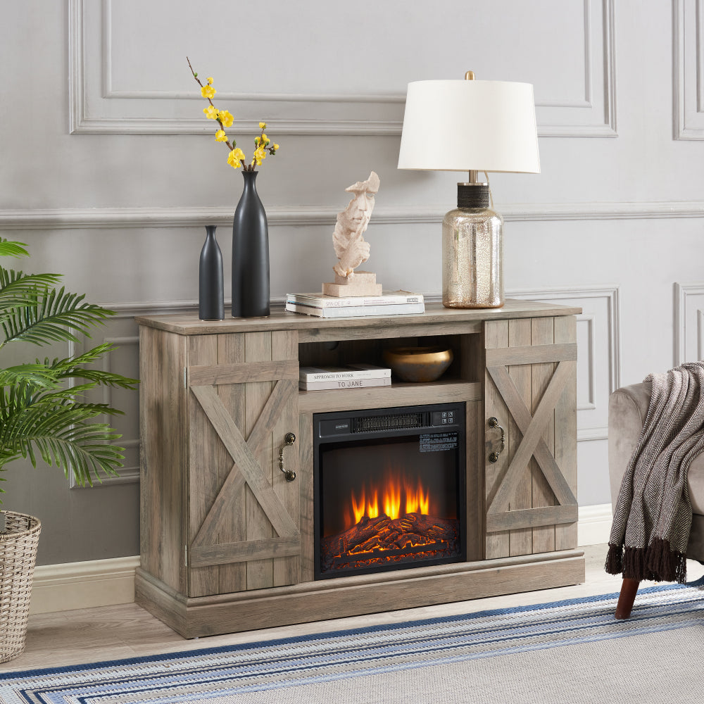 American retro Farmhouse Classic Media TV Stand Antique Entertainment Console with 18" Electric Fireplace Insert for TV up to 50" with Open and Closed Storage Space, Gray Wash 47"W*15.5"D*30.75"H