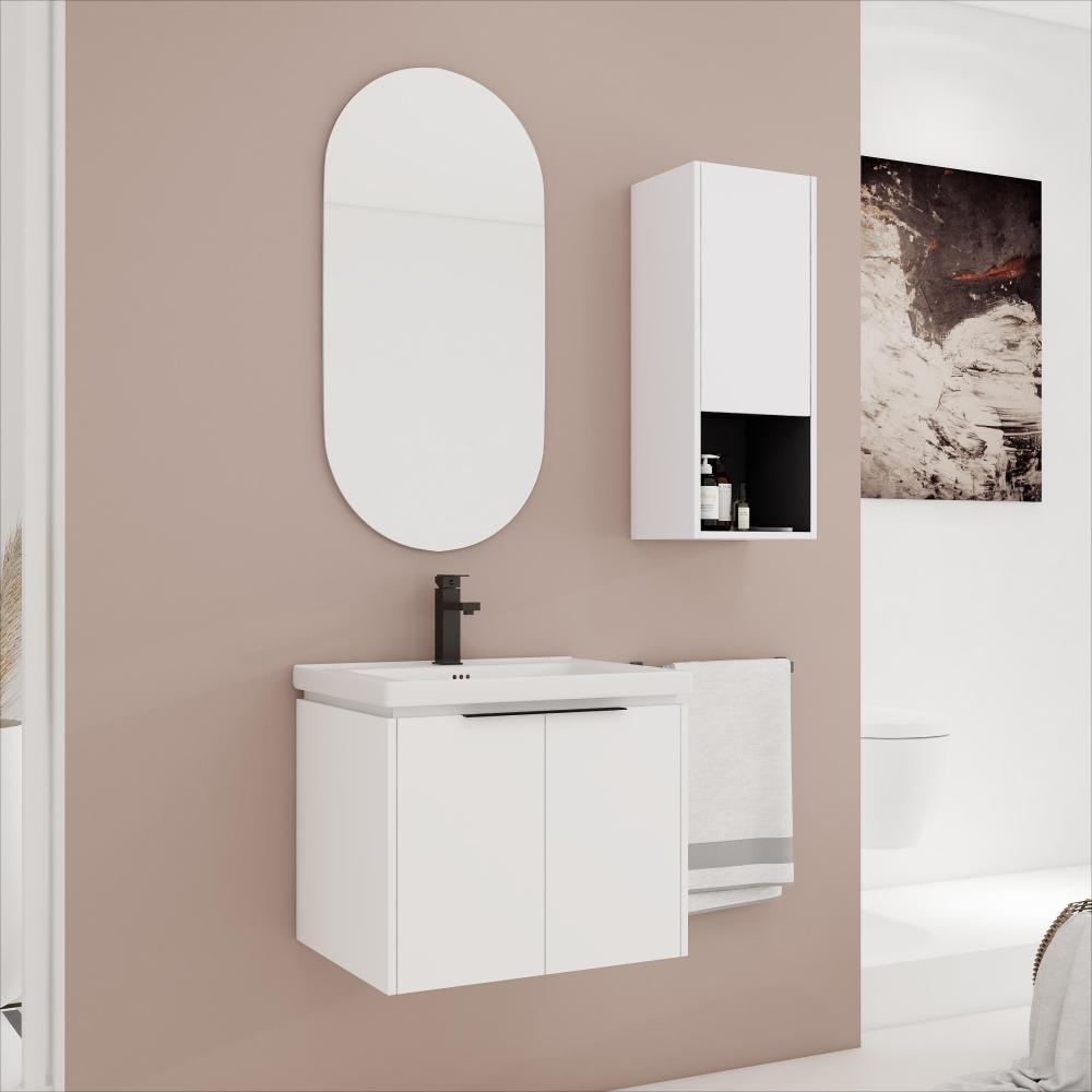 30" Wall-Mounted Bathroom Vanity With Ceramic Sink and Side Cabinet & Soft Close Doors, Combination Cabinet (KD-Package)