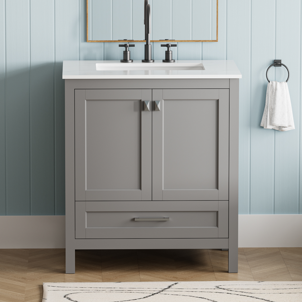 30" Freestanding Bathroom Vanity with Sink, Carrara Engineered Marble Vanity Top with Under-mounted Rectangular Ceramic Sink, Large Storage Soft-Close Door, Solid Wood Frame, Grey 24V03-30GR