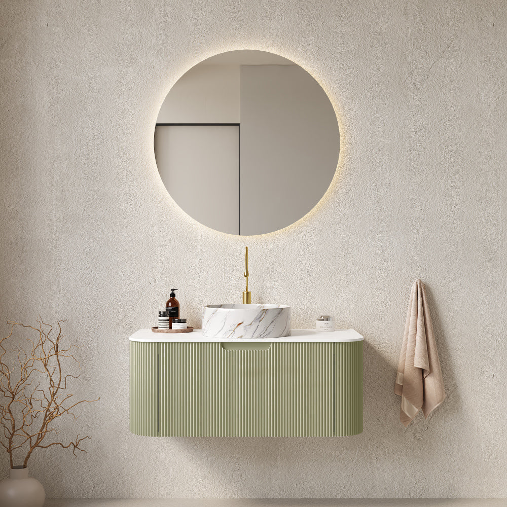 DINA 24" Bathroom Vanity with Sink, Wall-Mounted Floating Curved Edges Striped Bathroom Storage Cabinet with Drawer, White Round Ceramic Basin with Stone Pattern, Pre-assembled, Light Green Color
