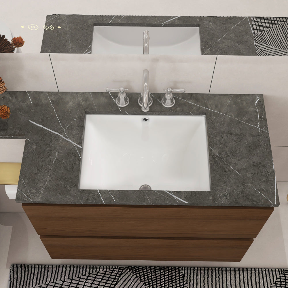 18 inch Under-mount Ceramic Rectangle Bathroom Vanity Sink, Under-mount Sink Rectangular with Concealed Overflow 18" x 13" Vessel Sink with Template DIY install Rectrangle White Ceramic
