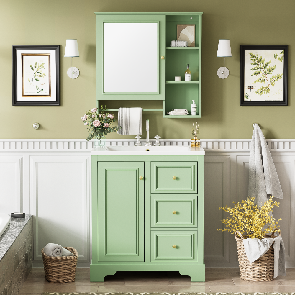 Wall Mounted Bathroom Storage Cabinet, Medicine Cabinets with large mirror door, adjustable shelves and three open storage levels(Not Include Bathroom Vanity )