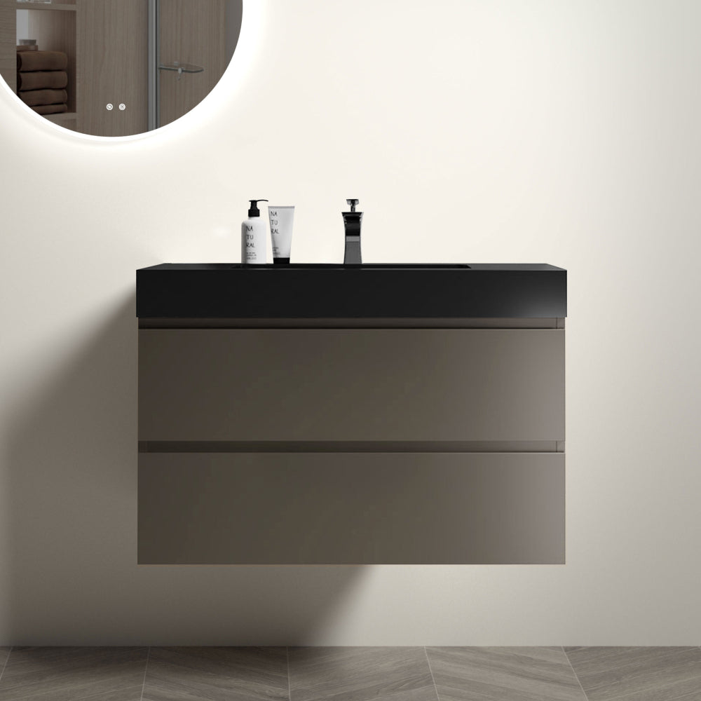 Alice 36" White Bathroom Vanity with Sink, Large Storage Wall Mounted Floating Bathroom Vanity for Modern Bathroom, One-Piece Black Sink Basin without Drain and Faucet, Pre-assembled