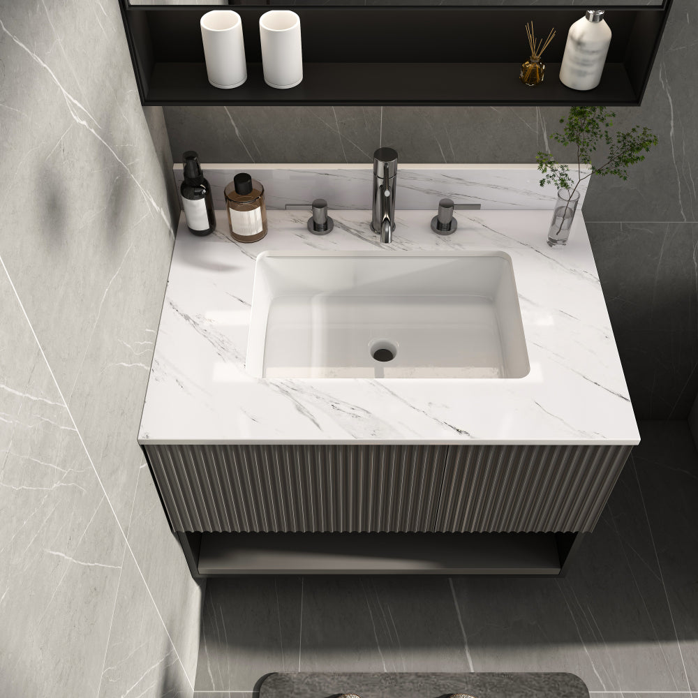 31 Inch Marble Vanity Top, White Vanity Top with Pre-drilled Faucet Holes, Bathroom Vanity Top with Undermount Rectangular Middle Sink and 4" Height Backsplash, Bianco Carrara Venato