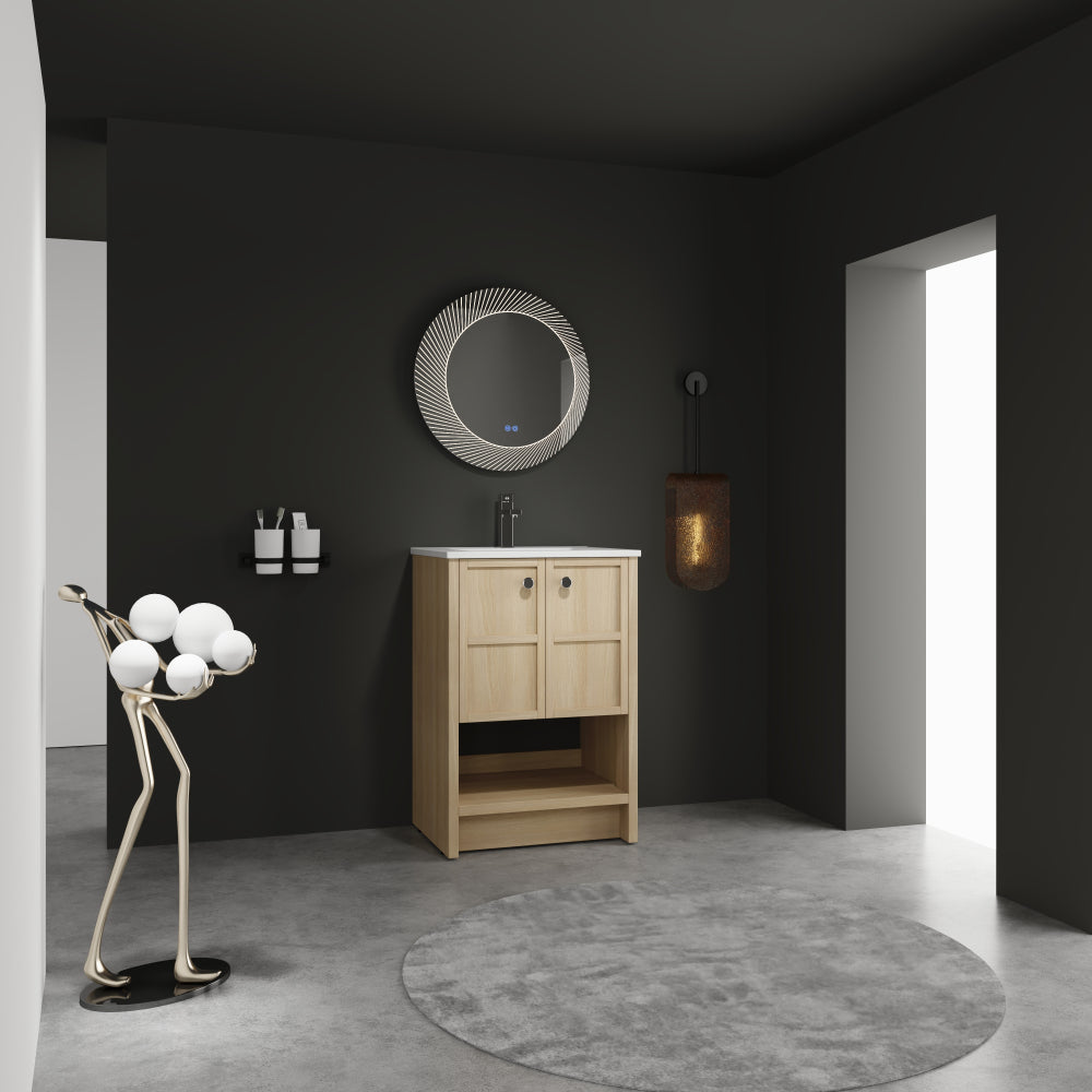 24" Freestanding Bathroom Vanity whit Ceramic Sink, 2-Soft Closing Door, Oak, Plywood