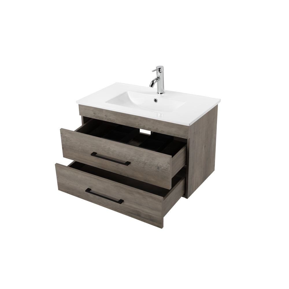 32-Inch Grey Wood Grain Wall-Mounted Bathroom Vanity with Double Drawers, Soft-Close System,White Ceramic Sink, and Black Aluminum Frame Mirror – Create a Modern and Minimalist Bathroom Space!Gray