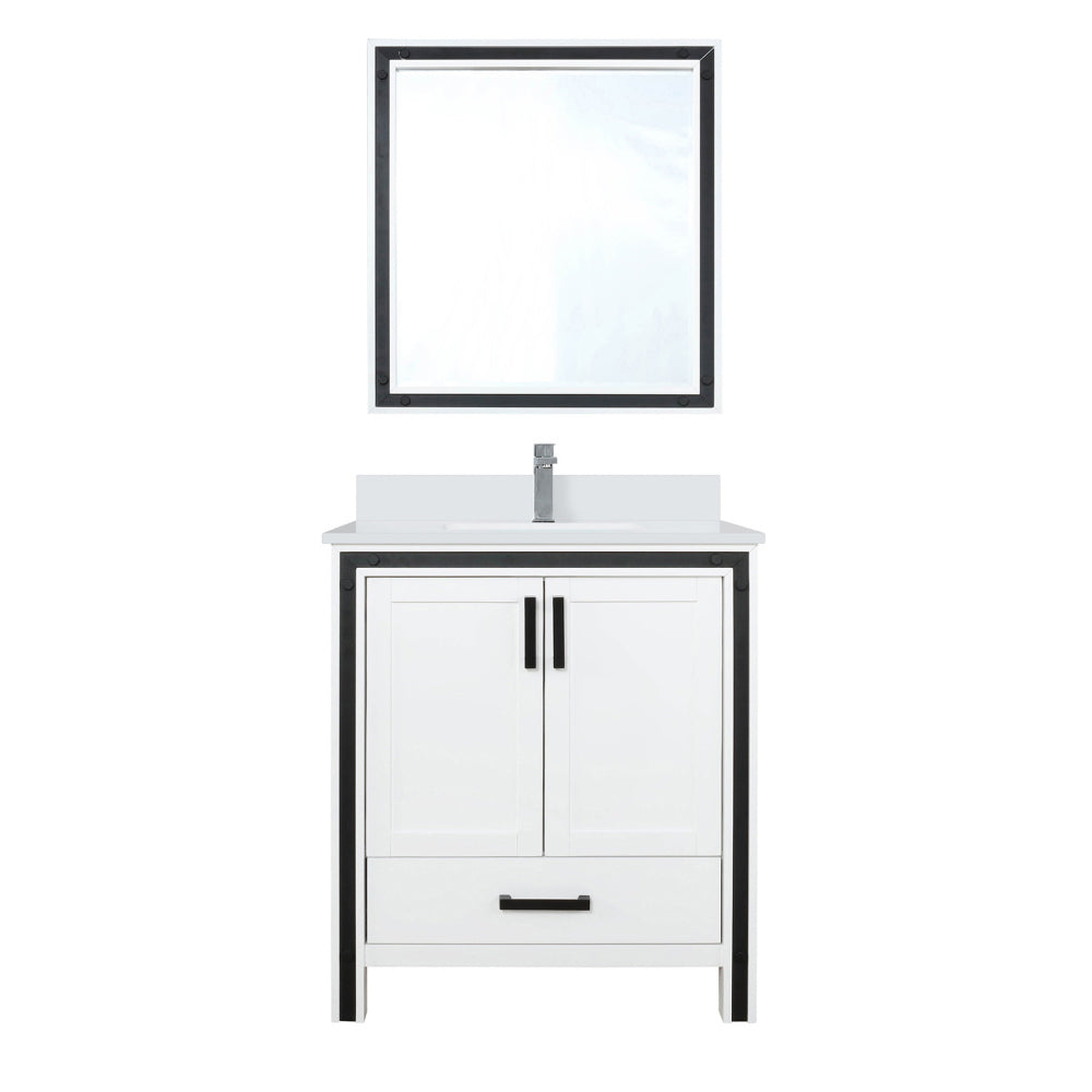 White Bath Vanity 30 in. W x 22 in. D, White Quartz Top, Faucet Set and 28 in. Mirror
