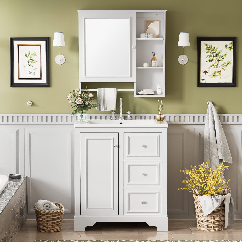 Wall Mounted Bathroom Storage Cabinet, Medicine Cabinets with large mirror door, adjustable shelves and three open storage levels(Not Include Bathroom Vanity )