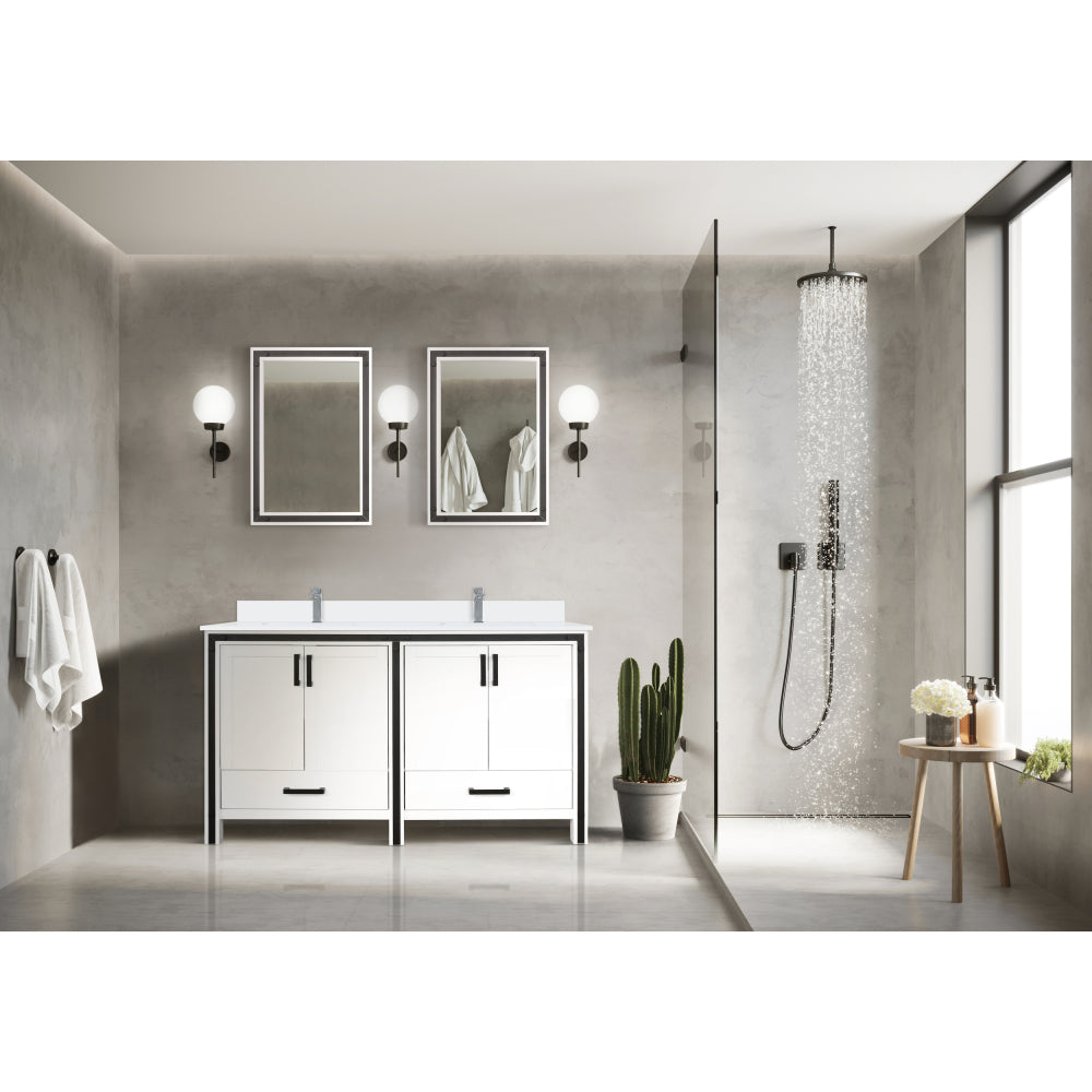 White Double Bath Vanity 60 in. W x 22 in. D, White Quartz Top and Faucet Set