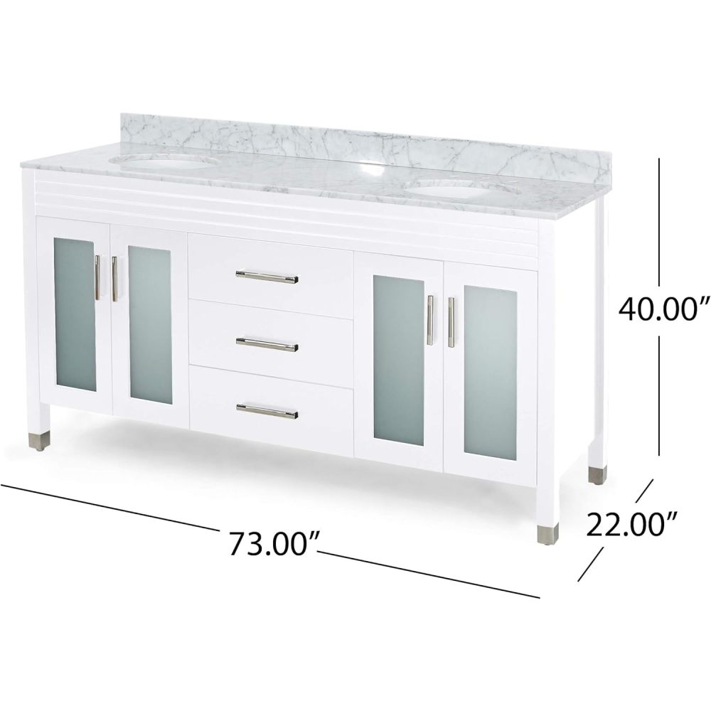 73'' Bathroom Vanity with Marble Top & Double Ceramic Sinks, 4 Doors with Glass, 3 Drawers, White