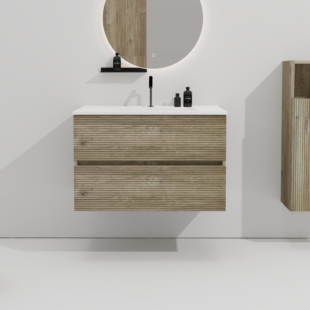 Gloria 30" Wall Mounted Rough Oak&Rough Oak Bathroom Vanity with Integrated Ceramic Sink with Overflow, Large Storage Floating Bathroom Vanity for Modern Bathroom, Pre-assembled