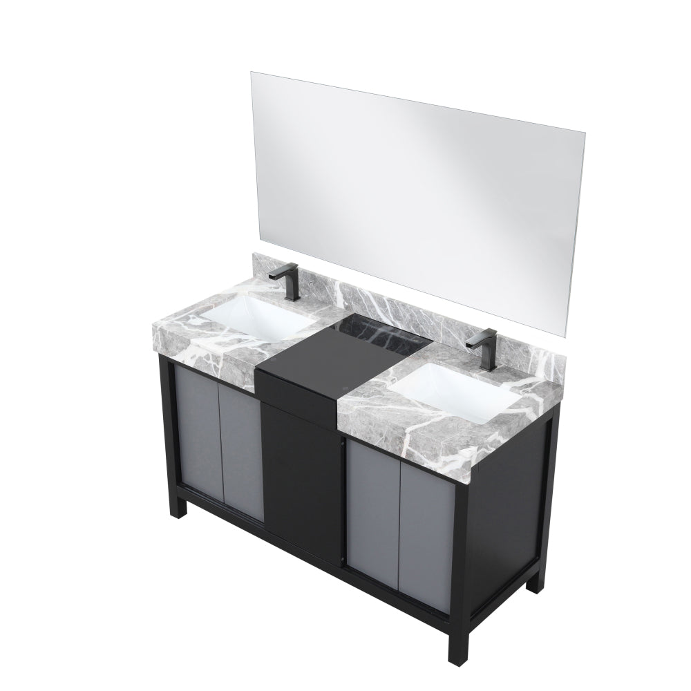 Black and Grey Double Bath Vanity 55 in. W x 22 in. D, Castle Grey Marble Top, Gun Metal Faucet Set and 53 in. Mirror