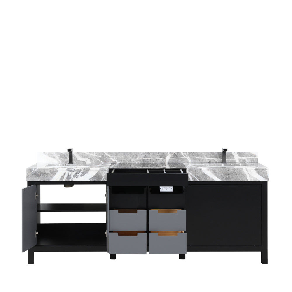 Black and Grey Double Bath Vanity 84 in. W x 22 in. D, Castle Grey Marble Top and Gun Metal Faucet Set