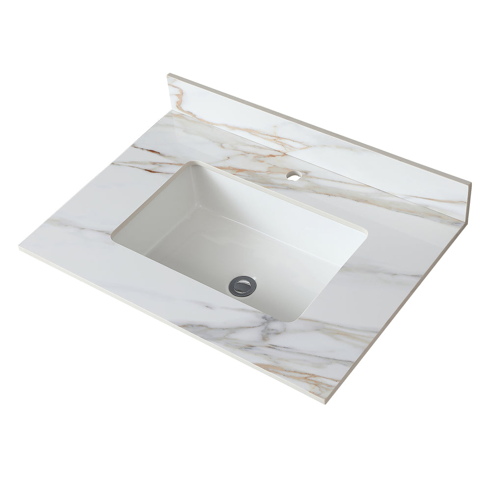 31 Inch Marble Vanity Top, Bathroom Vanity Top with Undermount Rectangular Middle Sink and 4" Height Backsplash, Pre-Drilled Faucet Hole Vanity Top, Carrara white with veins