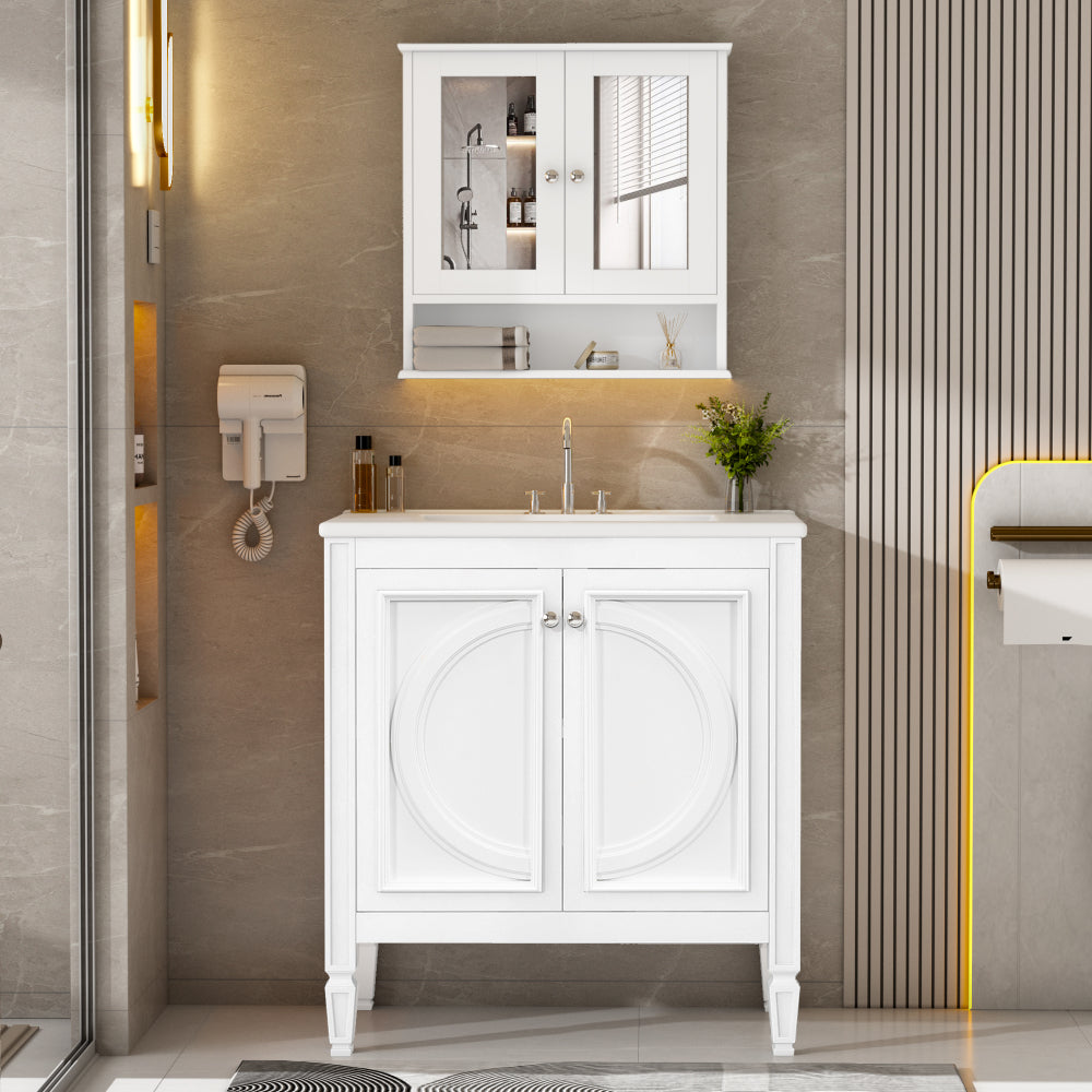 20" Bathroom Vanity with Matching Mirror Medicine Cabinet Combo Set, Modern Bathroom Storage Cabinet with Ceramic Sink, Wall-Mounted Medicine Cabinet for Bathroom, White