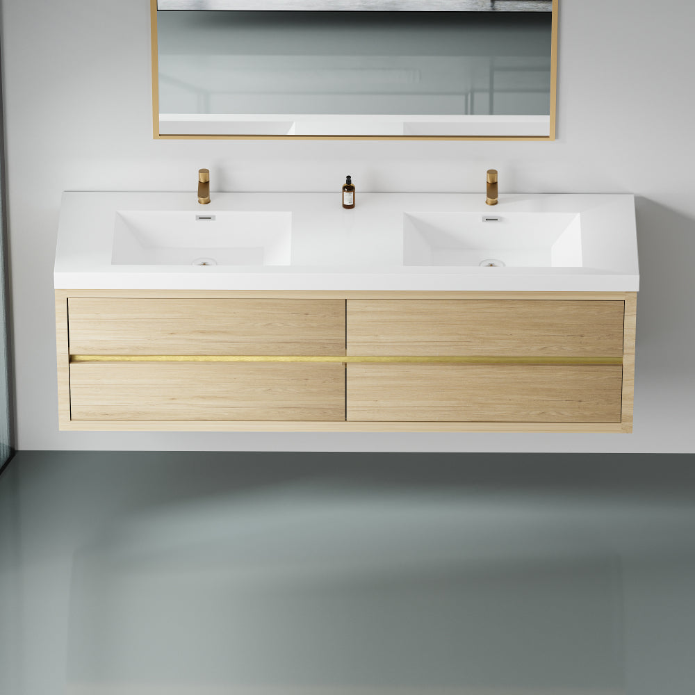 72" Wall-Mounted Bathroom Vanity with Sink, Floating Bathroom Storage Cabinet with Stone Resin Countertop and Soft Close Drawers, Natural Oak 24V15-72NO
