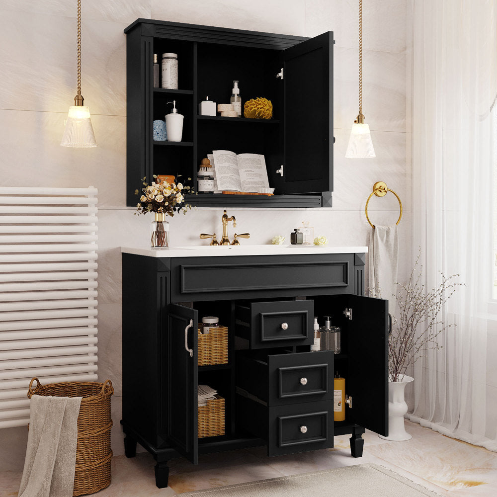 36'' Bathroom Vanity with Top Sink, Black Mirror Cabinet, Modern Bathroom Storage Cabinet with 2 Soft Closing Doors and 2 Drawers, Single Sink Bathroom Vanity