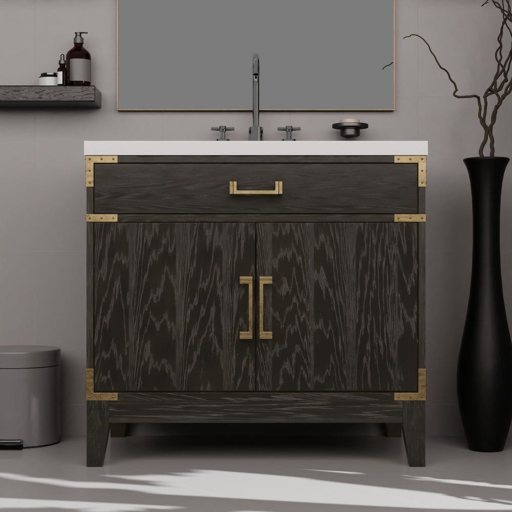 Brown Oak Single Bath Vanity 36 in. W x 22 in. D, White Quartz Top, and Faucet Set