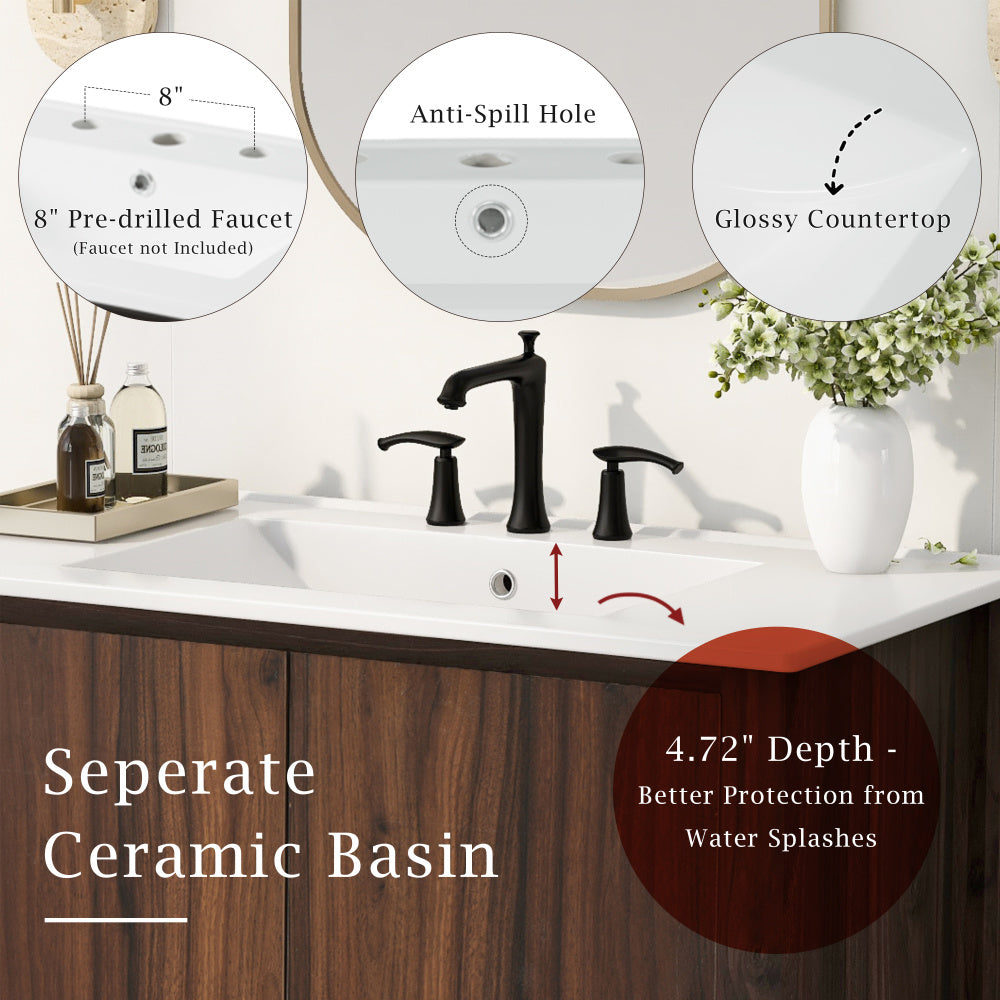 36" Modern Bathroom Vanity with Rectangle Ceramic Sink, Bathroom Cabinet with Large storage space and 45 Degrees Free-Handle Design Soft-Closing Doors, 1 Open Shelf at the Bottom, Dark Brown