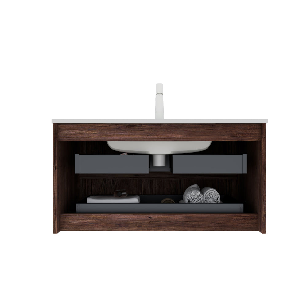 NOOR 36" Bathroom Vanity with Sink, Wall-Mounted Floating Plywood Bathroom Storage Cabinet with 2 Drawers, Ceramic Basin with Sink Hole Cover and Drain, Pre-assembled, Retro Walnut Woodgrain Color