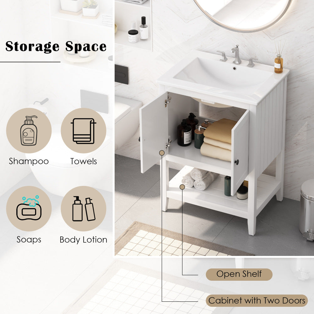 24" White Modern Sleek Bathroom Vanity Elegant Ceramic Sink with Solid Wood Frame Open Style Shelf