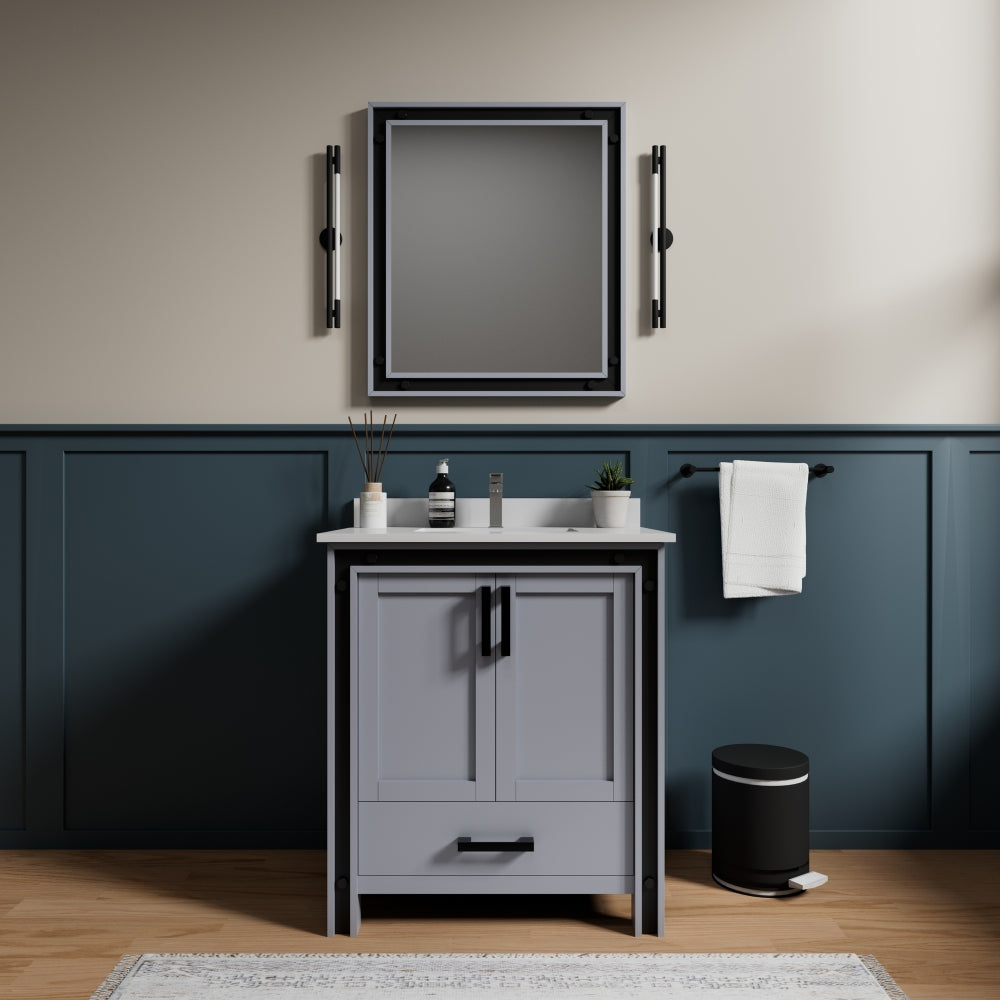 White Bath Vanity 30 in. W x 22 in. D, White Quartz Top, Faucet Set and 28 in. Mirror