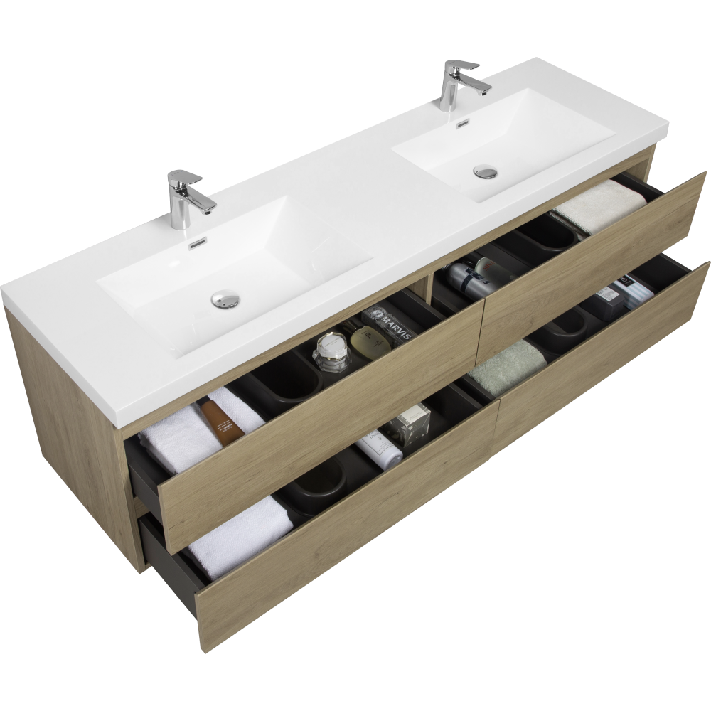 72" Floating Bathroom Vanity with Sink, Modern Wall-Mounted Bathroom Storage Vanity Cabinet with Two Resin Top Basin and Four Soft Close Drawers, Natural Oak 24V11-72NO