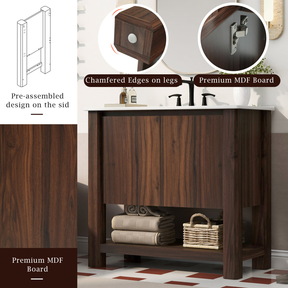 36" Modern Bathroom Vanity with Rectangle Ceramic Sink, Bathroom Cabinet with Large storage space and 45 Degrees Free-Handle Design Soft-Closing Doors, 1 Open Shelf at the Bottom, Dark Brown