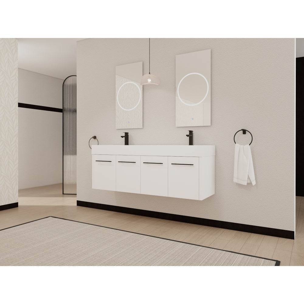 60 Inch Wall-Mounted Bathroom Vanity with Sink, Thick Edged Double Resin Sink, KD-Package