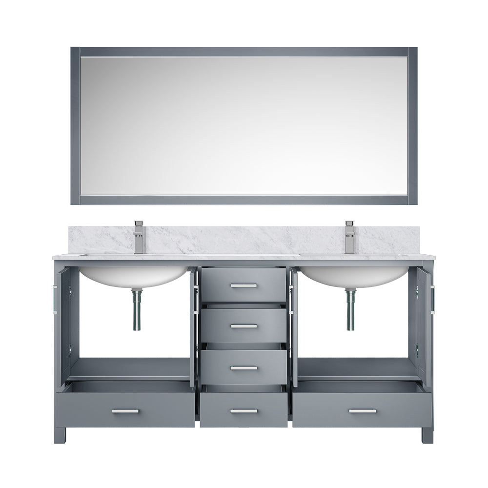 Dark Grey Double Bath Vanity 72 in. W x 22 in. D, Carrara Marble Top, Faucet Set, and 28 in. Mirror
