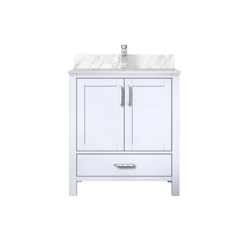 White Bath Vanity 30 in. W x 22 in. D, Carrara Marble Top, and Faucet Set