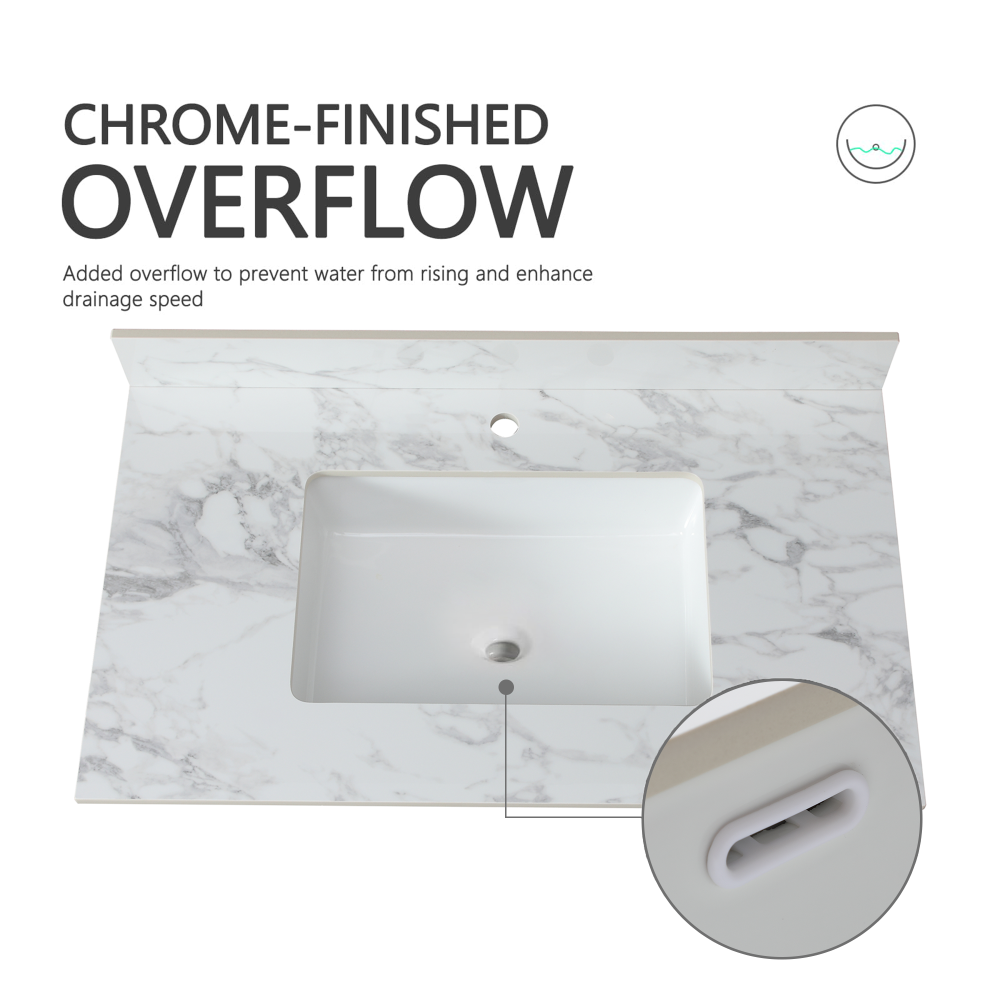 37"x22"Bathroom Vanity Top,sintered stone carra white Barthroom Vanity Sink Tops with Rectangular Undermount Ceramic Sink with Vanity Backsplash, Single Faucet Hole Bathroom Vanity Countertop