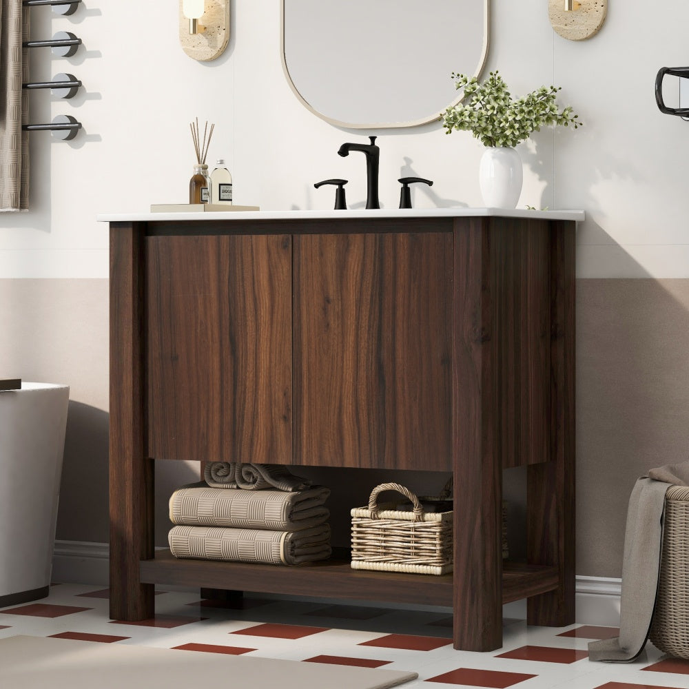 36" Modern Bathroom Vanity with Rectangle Ceramic Sink, Bathroom Cabinet with Large storage space and 45 Degrees Free-Handle Design Soft-Closing Doors, 1 Open Shelf at the Bottom, Dark Brown