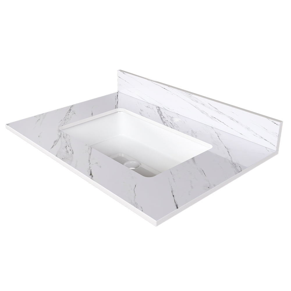 31 Inch Marble Vanity Top, White Vanity Top with Pre-drilled Faucet Holes, Bathroom Vanity Top with Undermount Rectangular Middle Sink and 4" Height Backsplash, Bianco Carrara Venato