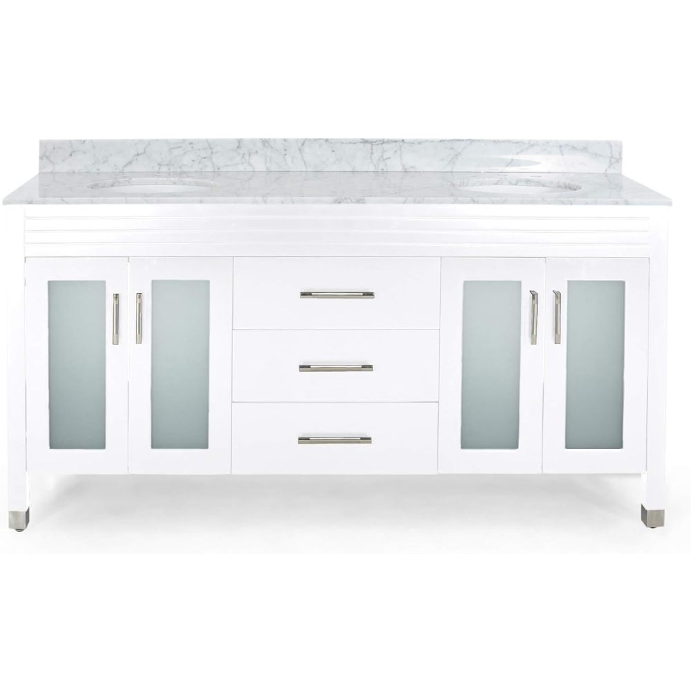 73'' Bathroom Vanity with Marble Top & Double Ceramic Sinks, 4 Doors with Glass, 3 Drawers, White