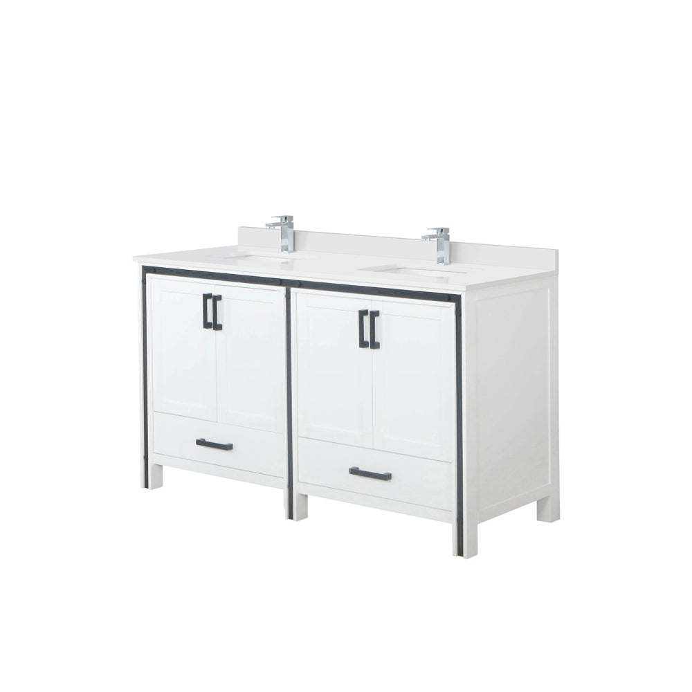White Double Bath Vanity 60 in. W x 22 in. D, White Quartz Top and Faucet Set
