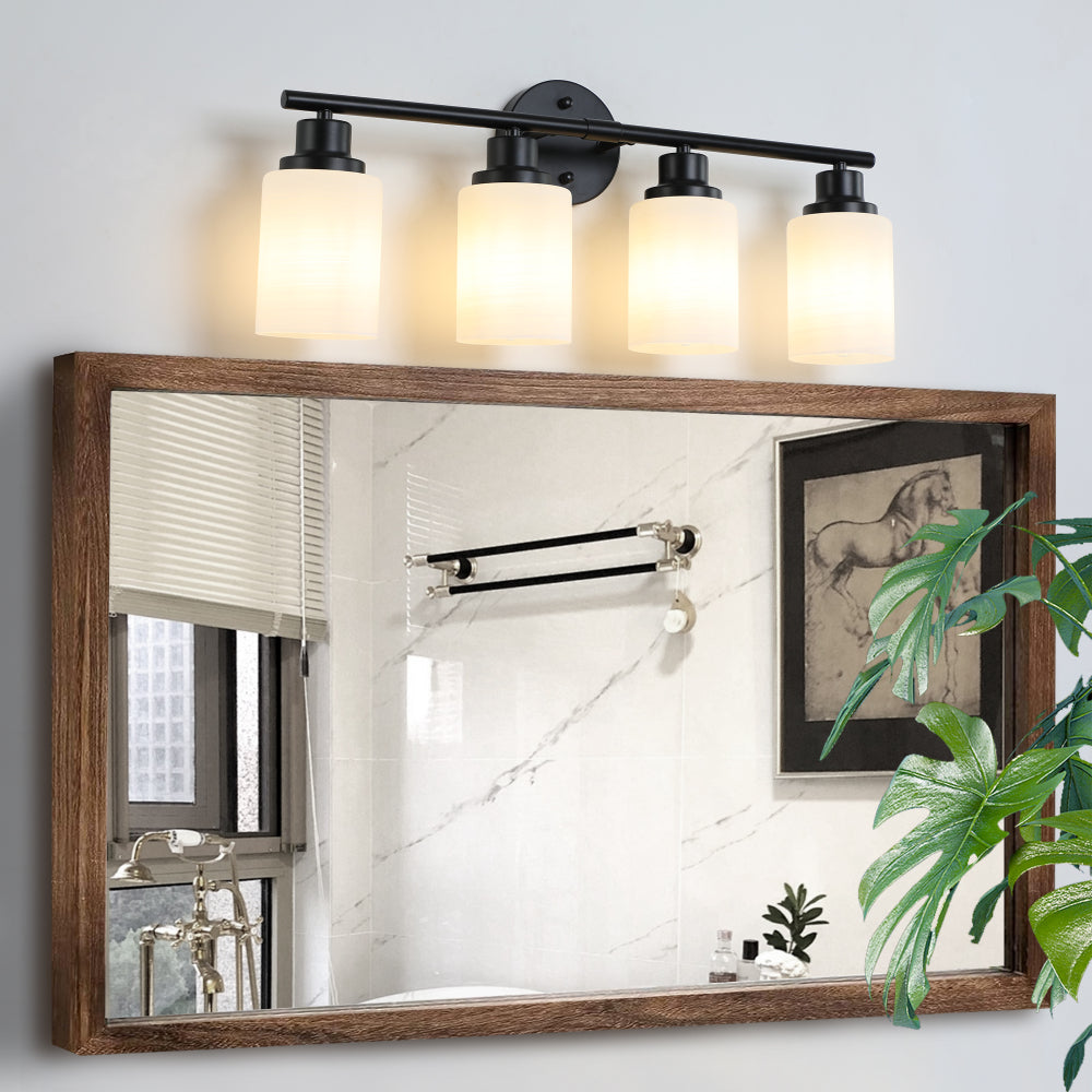 24" Modern 4-Light Vanity Bathroom Mirror Light, Frosted White Glass with Black Iron Frame, Contemporary Wall Sconce for Bedroom, Bathroom, And Dressing Room (Bulb Not Included)