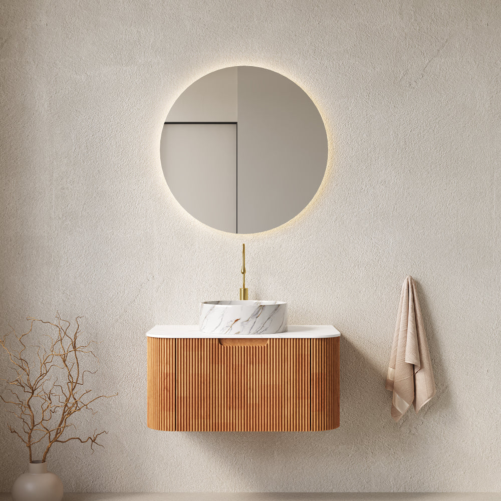 DINA 24" Bathroom Vanity with Sink, Wall-Mounted Floating Curved Edges Striped Bathroom Storage Cabinet with Drawer, White Round Ceramic Basin with Stone Pattern, Pre-assembled, Light Green Color