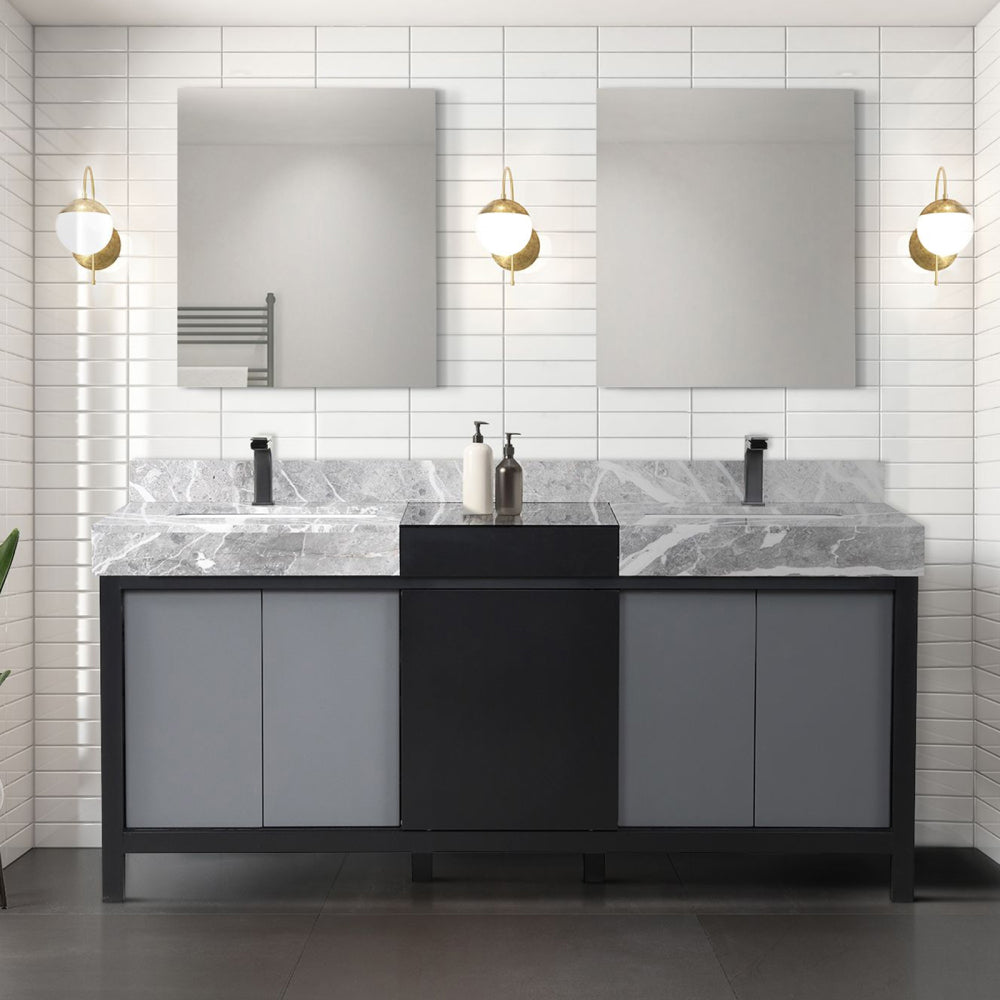 Black and Grey Double Bath Vanity 84 in. W x 22 in. D, Castle Grey Marble Top and Gun Metal Faucet Set