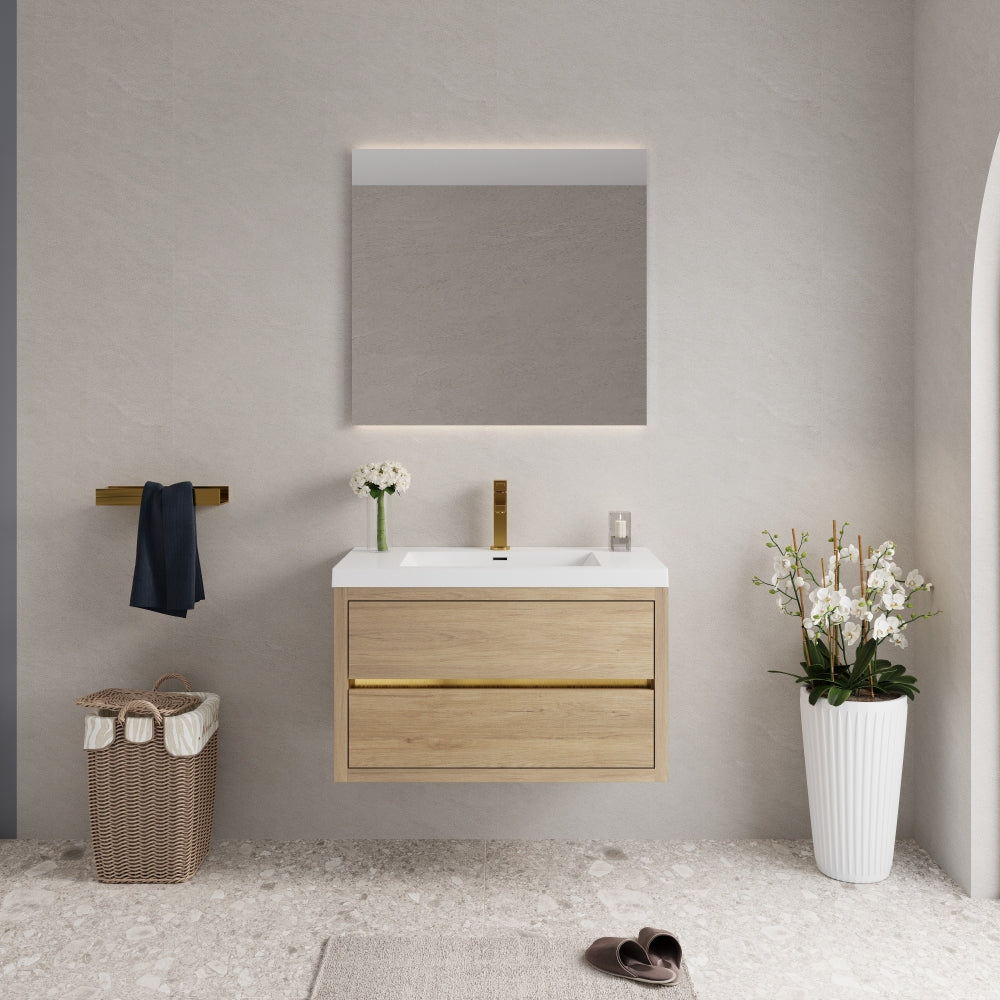 36" Wall-Mounted Bathroom Vanity with Sink, Floating Bathroom Storage Cabinet with Stone Resin Countertop and Soft Close Drawers, Natural Oak 24V15-36NO