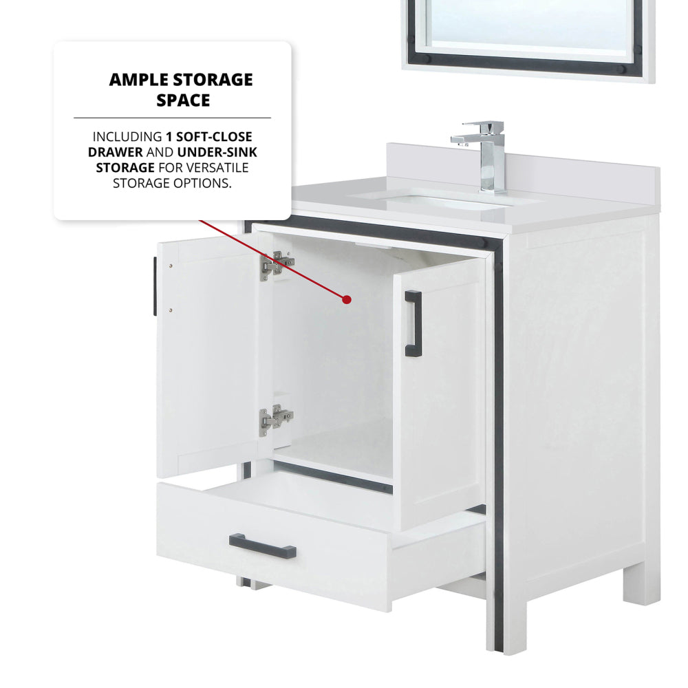 White Bath Vanity 30 in. W x 22 in. D, White Quartz Top, Faucet Set and 28 in. Mirror