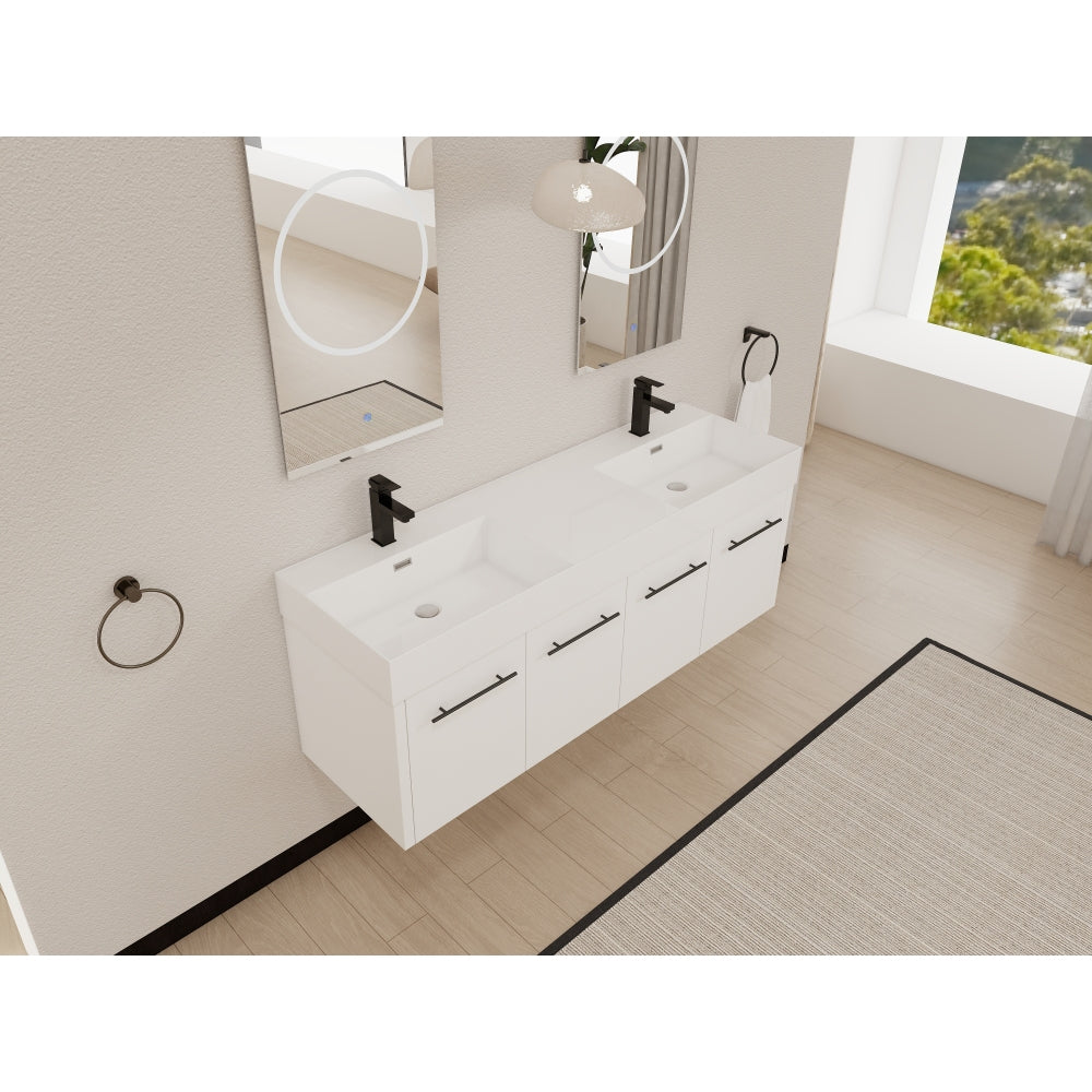 60 Inch Wall-Mounted Bathroom Vanity with Sink, Thick Edged Double Resin Sink, KD-Package